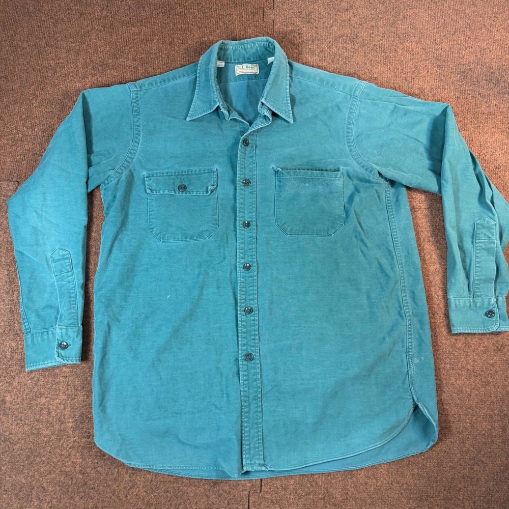 LL Bean Chamois Cloth Shirt Mens 16.5 Long Vintage Teal Flannel USA Made Vtg A+